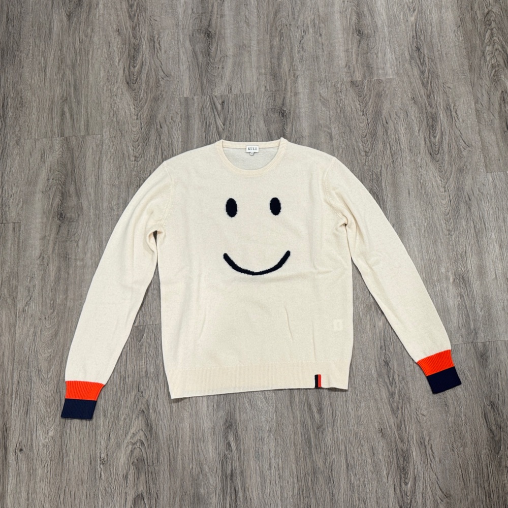 KULE Cream Sweater with Smiley Face and Colorful Cuffs